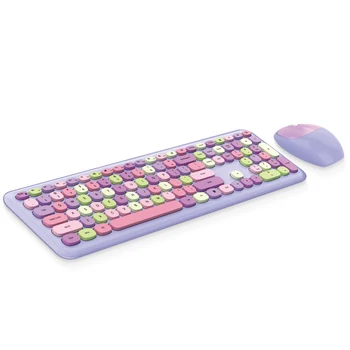 2,4 G Безжична пълен размер тиха клавиатура, мишка, комплект за жени, момичета, 110 клавиши, Сладко Розово Лилаво Черен Син Зелен за PC, лаптоп