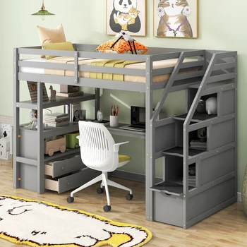 Богат на функции Дизайн сив Двойно легло таванско помещение с бюро и рафтове, Две вградени чекмеджета, Стълбище за съхранение на неща, Подходящ за спални