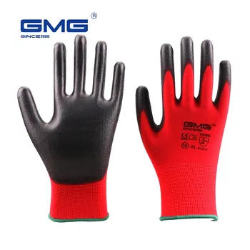 Гореща разпродажба, 5 двойки сертифицирани GMG CE EN388 червени полиестер черни работни ръкавици от изкуствена кожа, работни ръкавици, механика