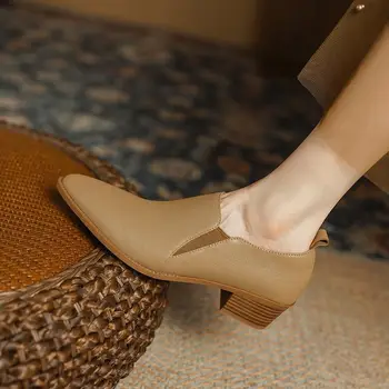 Дизайн еластична лента, дамски обувки от естествена кожа на петите С остри пръсти, Удобна Мода обувки на дебелите обувки и високи токчета, удобна за разходка