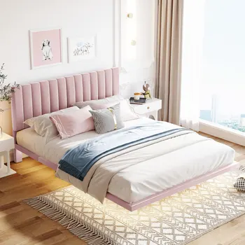 Меко легло Queen-Size с докосване на осветление и таблата, плаващ кадифе легло-платформа, розова