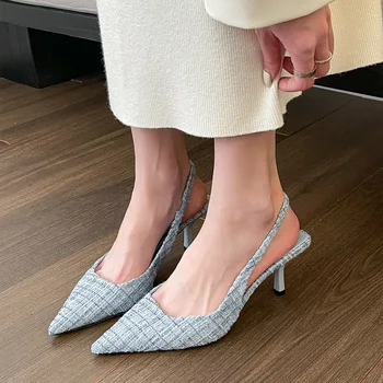 Обувки на висок ток с премиальным аромат, сандали Baotou, Женски фини обувки с остри пръсти в гонконгском стил в стил ретро цвят морска сол