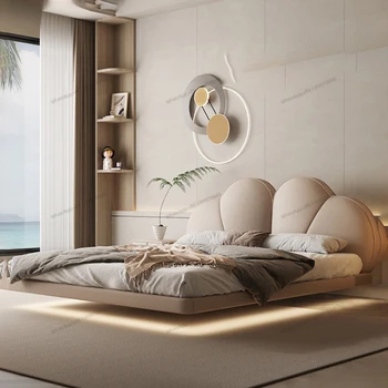 Подвесная Италианската минималистичная легло с подсветка Луксозна Основна спалня 1.8 m Модерна минималистичная кожено легло Мека Сватбена легло